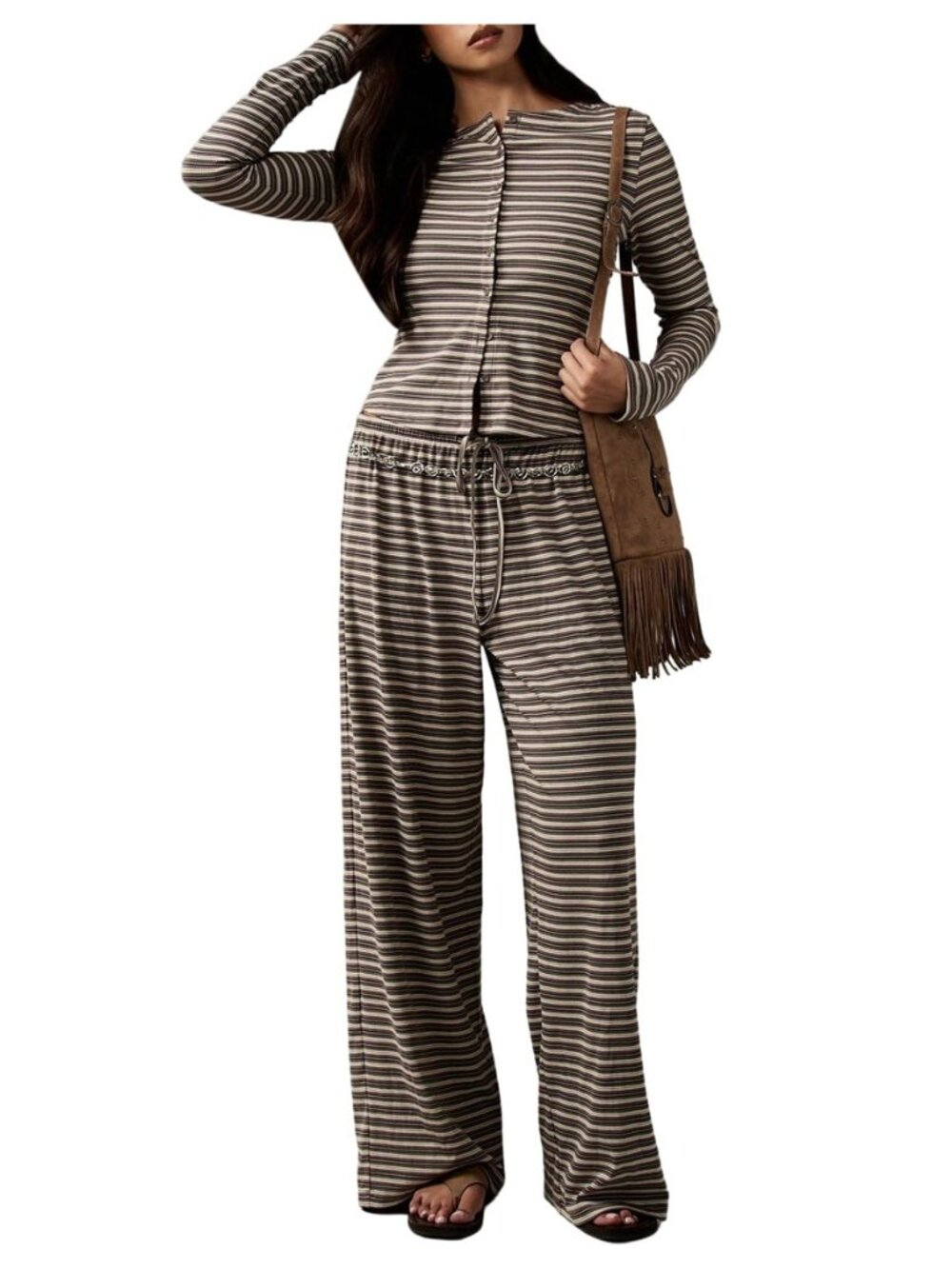Women's Striped 2 Piece Pants Outfits Long Sleeve Top Lounge Sets